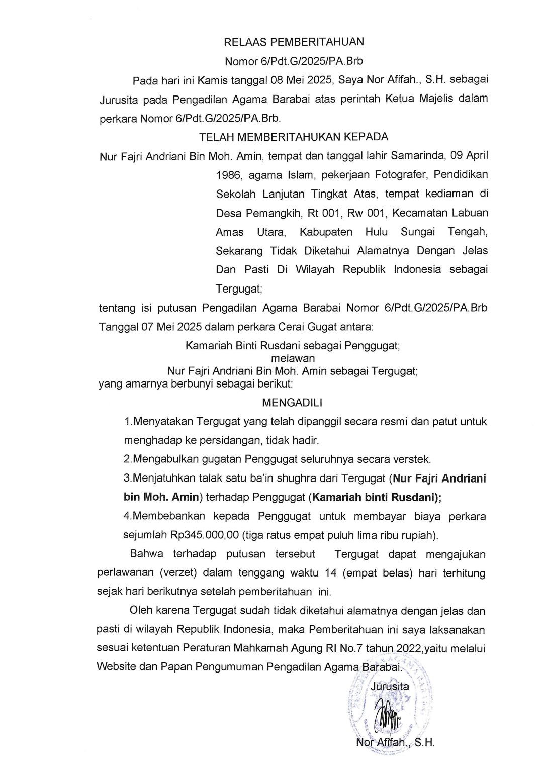 RELAAS PEMBERITAHUAN PUTUSAN